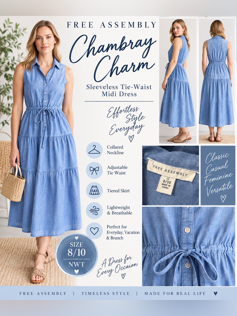 Free Assembly Chambray Midi Dress Blue Sleeveless Tie Waist Size 8/10
